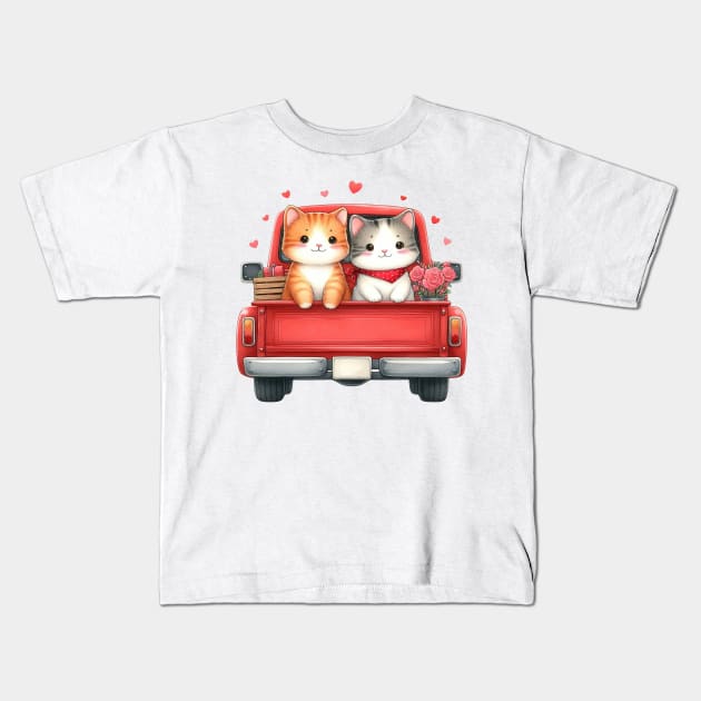 Valentine Cat Couple Sitting On Truck Kids T-Shirt by Chromatic Fusion Studio